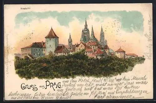 Lithographie Prag / Praha, Hradschin, Totalansicht