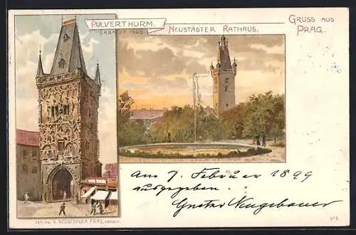 Lithographie Prag / Praha, Neustädter Rathaus erbaut 1508, Pulverturm