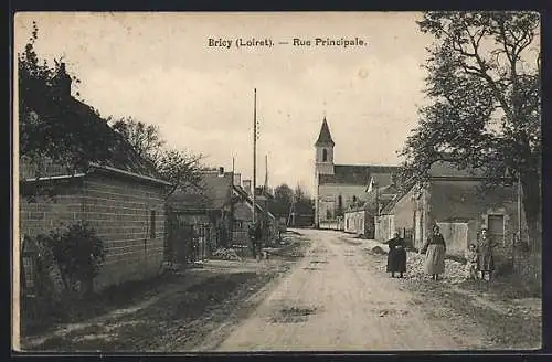 AK Bricy, Rue Principale, Strassenpartie mit Kirchblick