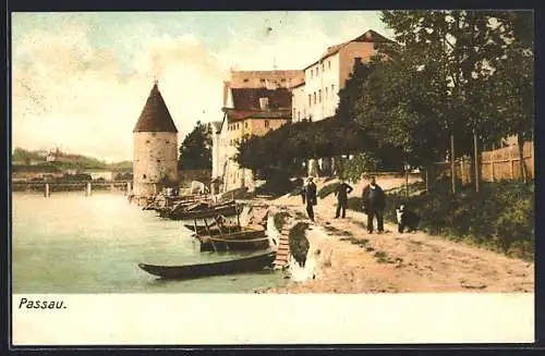 AK Passau, Uferpartie mit Turm