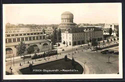 AK Posen, Messehallen in der Glogauerstrasse, Strassenbahn