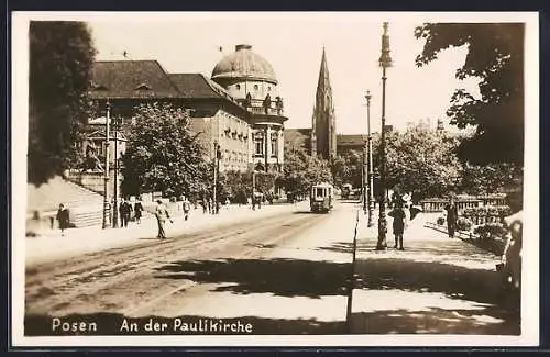 AK Posen, Strassenbahn an der Paulikirche