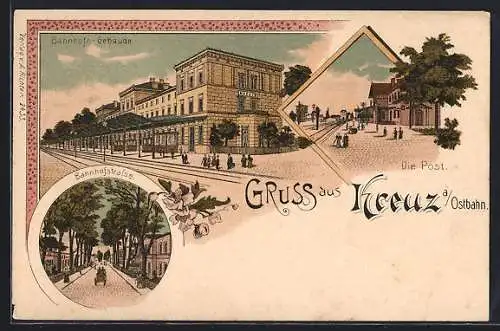 Lithographie Kreuz a. Ostbahn, Bahnhof mit Bahnsteig, Post, Bahnhofstrasse