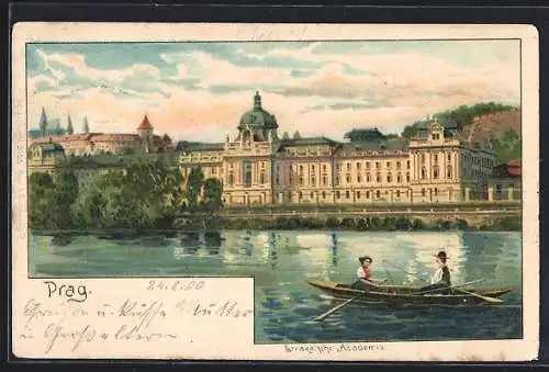 Lithographie Prag / Praha, Strakova Akademie, Pärchen auf Ruderboot