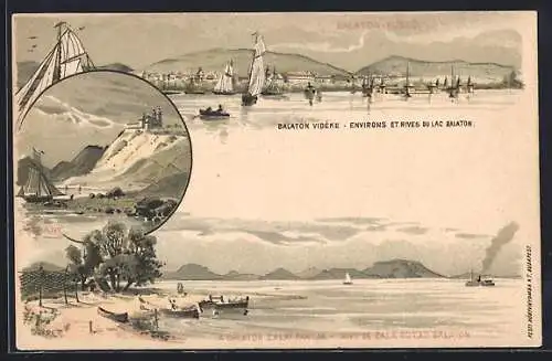 Lithographie Balaton-Füred, Drei Motive vom Plattensee