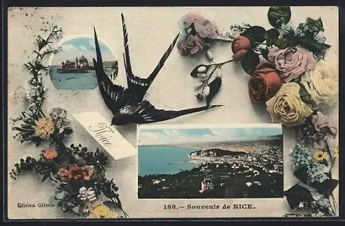 AK Nice, Souvenir de Nice avec des Roses et une Hirondelle, vue générale