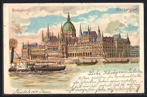 Künstler-Lithographie sign. R. Geiger: Budapest, Ujországház, Parlamentsgebäude, Dampfer