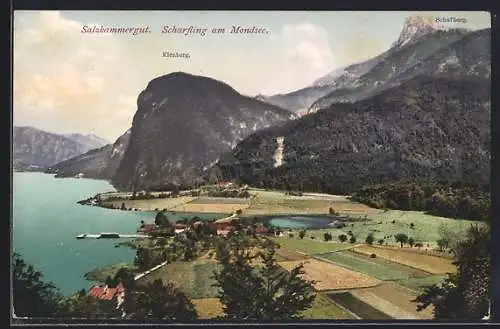 AK Scharfling a. Mondsee, Ortspanorama mit Bergen