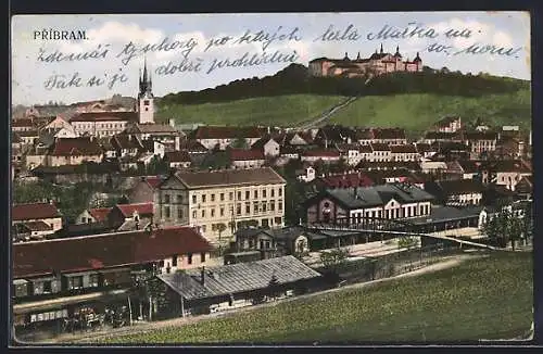 AK Pribram, Bahnhof und Schloss am Stadtrand