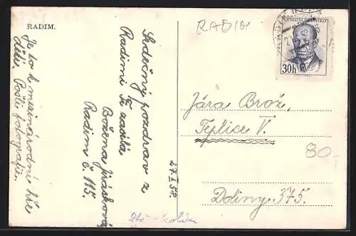 AK Radim, Ortsansicht mit Strassenmotiven & Denkmal