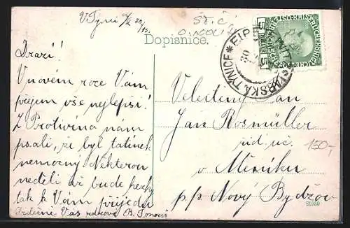 AK Tynec nad Labem, Blick zum Ort, Mann mit Hut