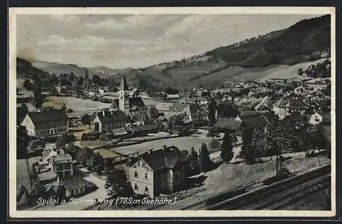 AK Spital am Semmering, Ortsansicht mit Bahnschienen und Blick ins Land