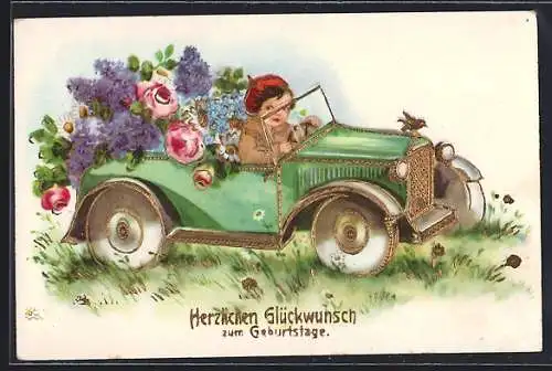 Künstler-AK Kind mit roter Mütze und Blumen im Auto - Geburtstagsgruss