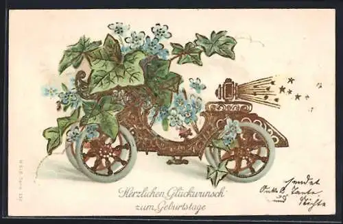 Präge-AK Auto mit Blumenschmuck, Geburtstagsgruss