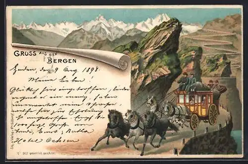 Lithographie Postkutsche unterwegs im Gebirge, Gruss aus den Bergen