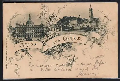 AK Graz, Rathaus, Partie an der Ferdinandsbrücke