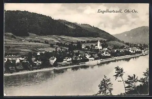 AK Engelhartszell, Blick auf Fluss mit Kirche