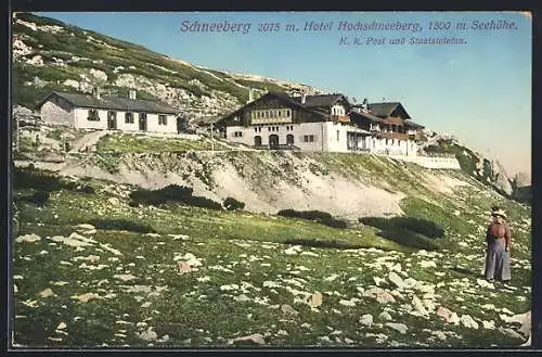 AK Puchberg am Schneeberg, Hotel Hochschneeberg und Spaziergängerin