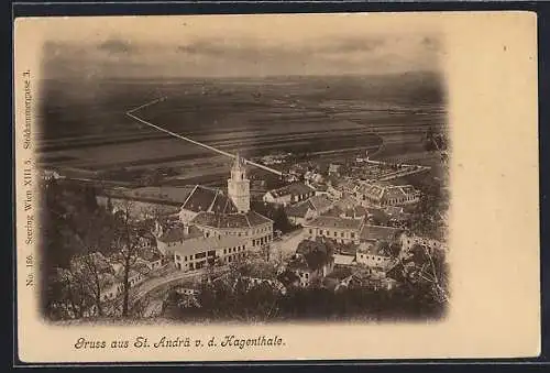 AK St. Andrä-Wördern, St. Andrä vor dem Hagenthale, Blick von Anhöhe auf Kirche und über Felder