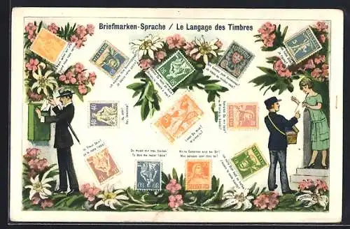 AK Briefmarkensprache, Le Langage des Timbres, Postbote