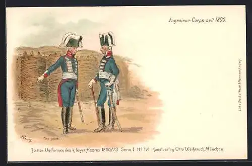 Lithographie Histor. Uniformen des bayer. Heeres 1800 /73, Ingenieur-Corps seit 1800