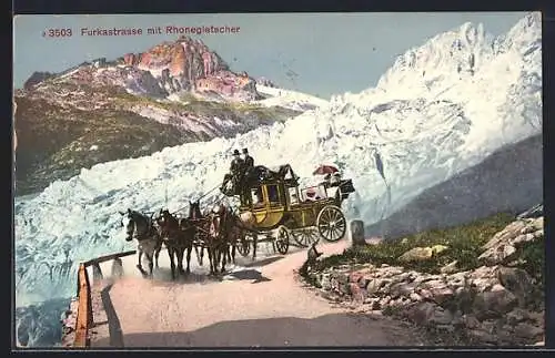 AK Postkutsche auf der Furkastrasse mit Rhonegletscher