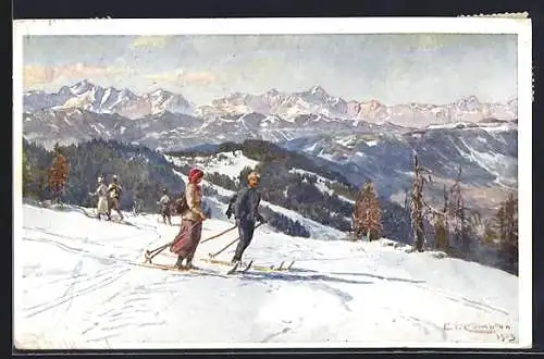 Künstler-AK Edward Theodore Compton: Skipartie auf der Görlitzen bei Villach