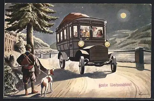 AK Jäger mit Hund und Postwagen, K. K. Automobilpost 1908