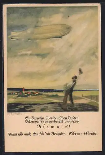 Künstler-AK Otto Amtsberg: Zeppelin über deutschem Acker