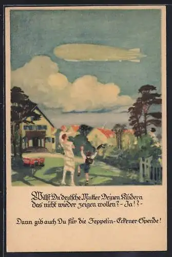 Künstler-AK Otto Amtsberg, Zeppelin-Eckener-Spende, Mutter mit Kind winken einem Zeppelin