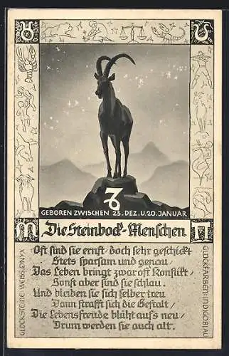 AK Sternzeichen Steinbock, 23.12. - 20.1., Steinbock auf dem Felsen