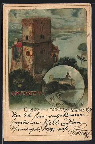 Lithographie Greifenstein /Donau, Burgruine über der Donau, Persenbeug