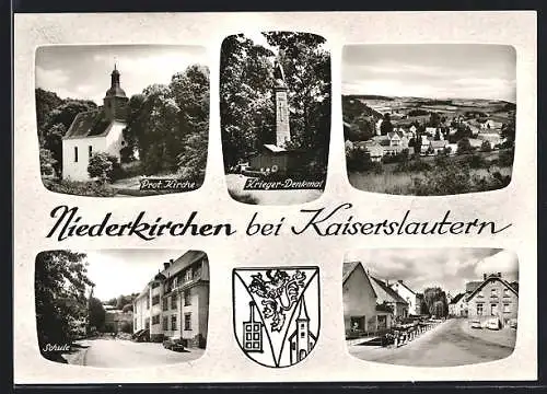 AK Niederkirchen / Kaiserslautern, Protestantische Kirche, Krieger-Denkmal, Schule