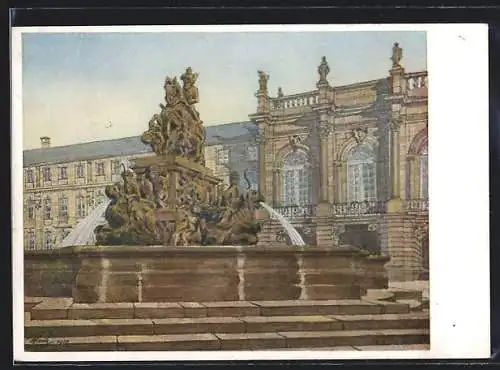 Künstler-AK Bayreuth, Markgrafenbrunnen mit neuem Schloss