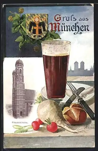 AK München, Münchner Kindl, Brauerei, Bierglas, Rüben