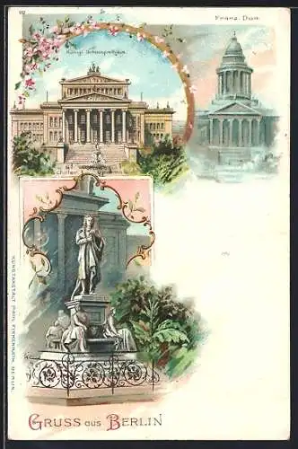 Lithographie Berlin, Königl. Schauspielhaus am Gendarmenmarkt, Schiller-Denkmal, und französischer Dom