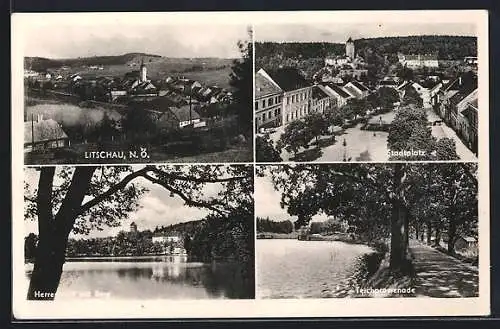 AK Litschau, Herrensee mit Burg, Stadtplatz, Teichpromenade