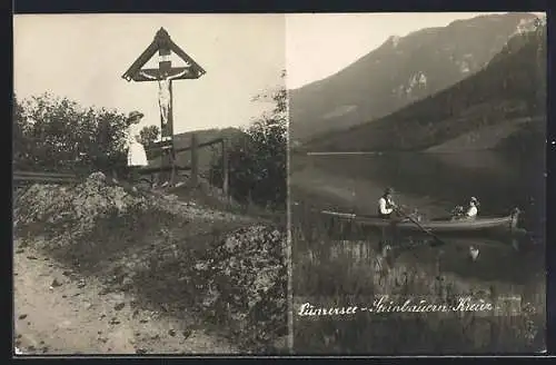 AK Lunz am See, Bootsfahrt auf dem Lunzersee und Steinbauern-Kreuz