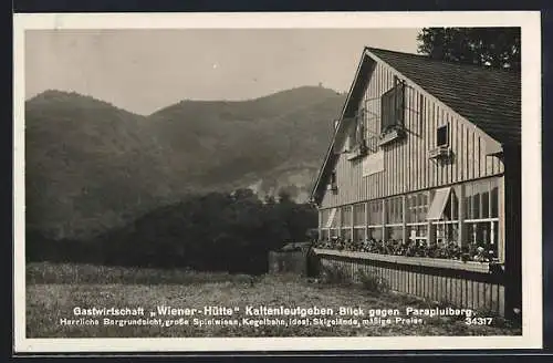 AK Kaltenleutgeben, Gastwirtschaft Wiener-Hütte mit Blick gegen Parapuleberg