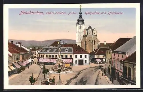 AK Neunkirchen /N.-Oe., Hauptplatz und Pfarrkirche mit Denkmal