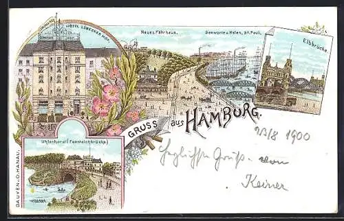 Lithographie Hamburg, Hotel Lübecker Hof, Neues Fährhaus, Seewarte und Hafen St. Pauli