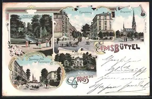 Lithographie Hamburg-Eimsbüttel, Eppendorferweg, Christuskirche, Lappenbergs Allee mit Apostelkirche