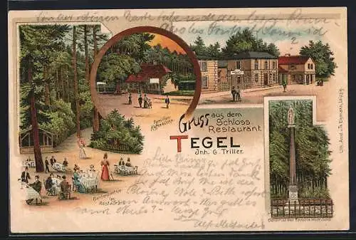 Lithographie Berlin-Tegel, Schloss-Restaurant G. Triller, Garten, Familien-Kaffeeküche