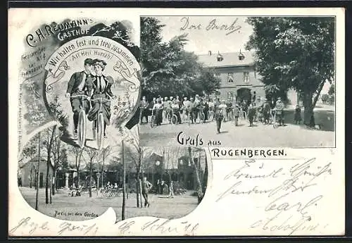 AK Rugenbergen, C. H. Reumann`s Gasthof mit Kundschaft, Partie aus dem Garten