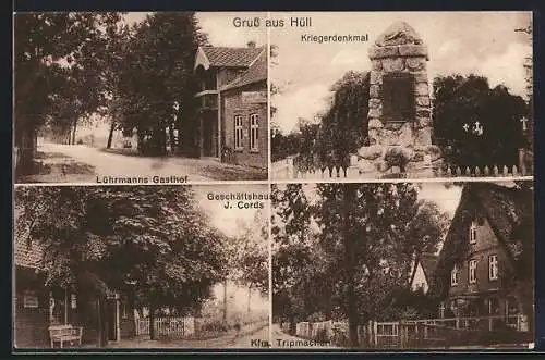 AK Hüll / Niederelbe, Gasthof Lührmann, Geschäftshaus J. Cords, Kaufmann Tripmacher