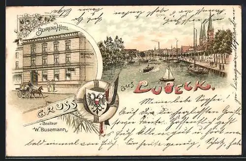 Lithographie Lübeck, Behrens Hotel, Uferpartie, Wappen