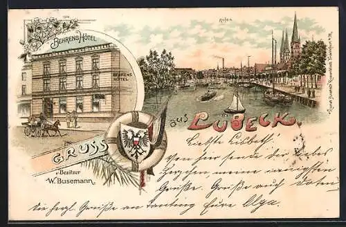 Lithographie Lübeck, Behrens Hotel, Uferpartie, Wappen