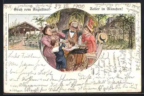 Künstler-AK München, Gasthaus Augustiner-Keller, Garten, Familie am Tisch