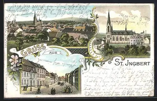 Lithographie St. Ingbert, Strassenansicht mit Passanten, Kirche