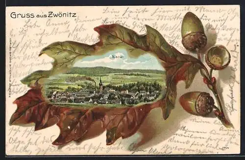 Passepartout-Lithographie Zwönitz, Totalansicht in einem Eichenblatt